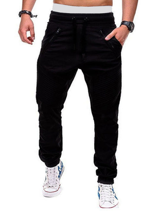 Men's Contrasting color zipped loose-fitting casual pants (Black)