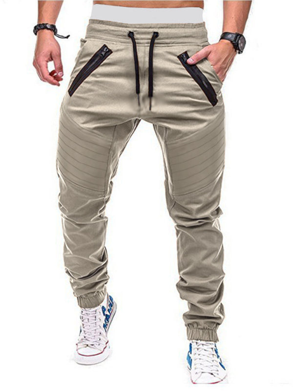 Men's Contrasting color zipped loose-fitting casual pants (Khaki)