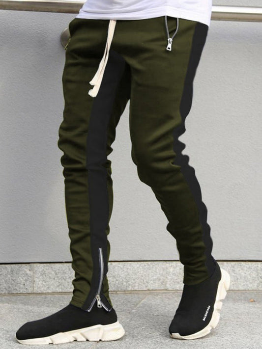 Men's color-block casual double-pocket multi-zipper sportspants (Olive Green)