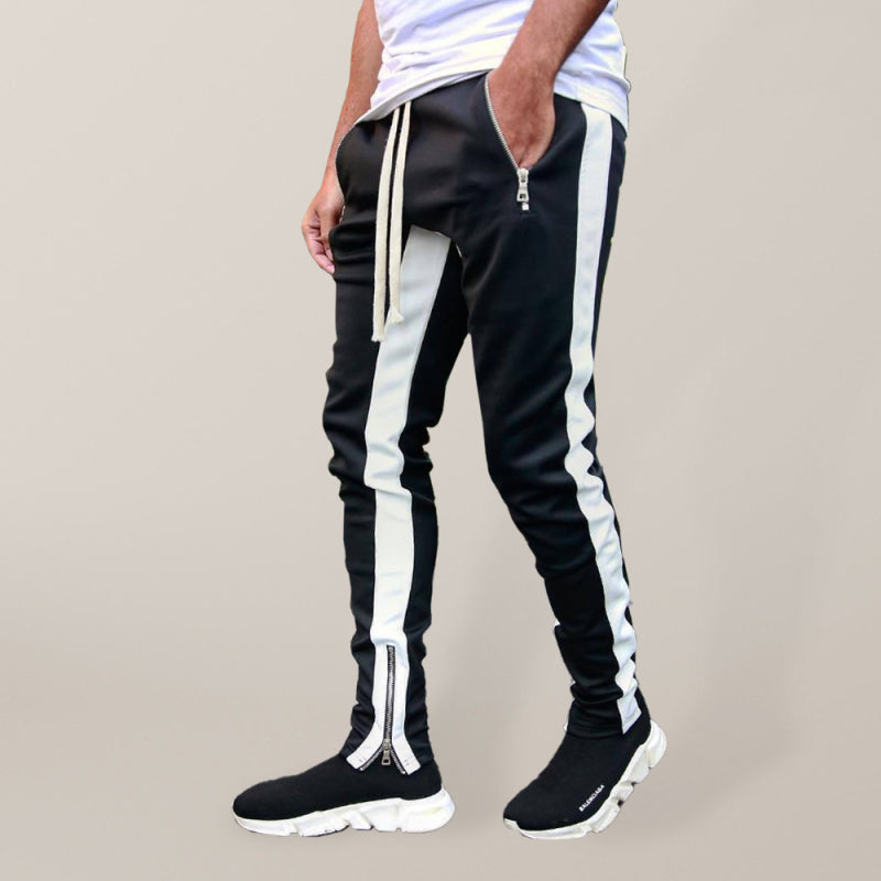 Men's color-block casual double-pocket multi-zipper sportspants (Black)