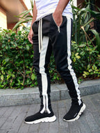 Men's color-block casual double-pocket multi-zipper sportspants (Black)