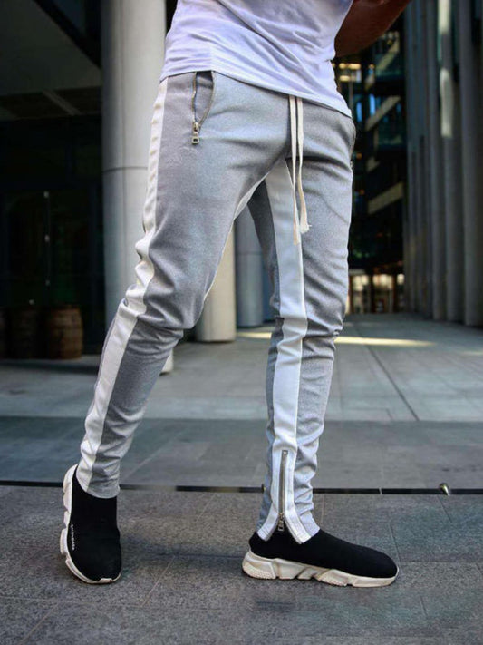 Men's color-block casual double-pocket multi-zipper sportspants (Grey)