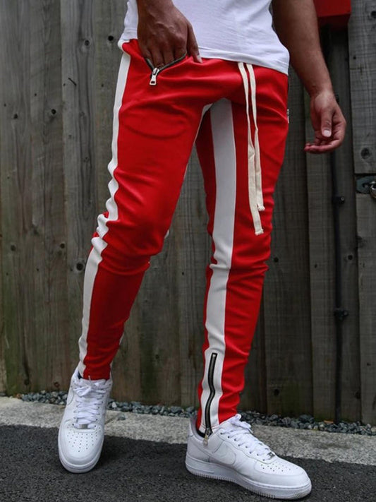 Men's color-block casual double-pocket multi-zipper sportspants (Red)