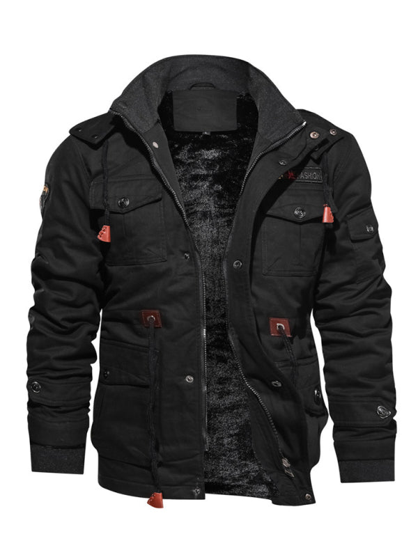 Men's Mid-Length Loose Stand Collar Hooded Cotton Top Youth Men's Jacket (Black)