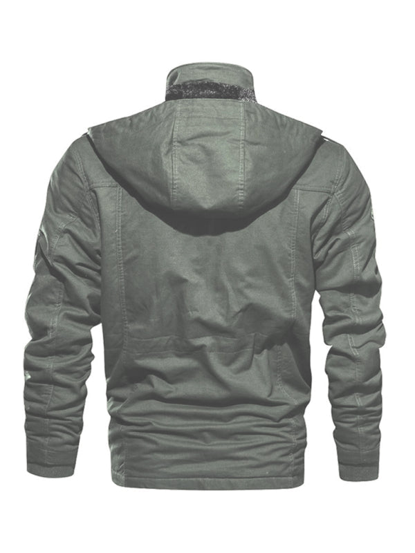 Men's Mid-Length Loose Stand Collar Hooded Cotton Top Youth Men's Jacket (Green)