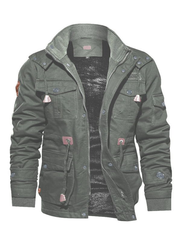 Men's Mid-Length Loose Stand Collar Hooded Cotton Top Youth Men's Jacket (Green)