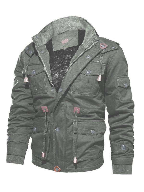 Men's Mid-Length Loose Stand Collar Hooded Cotton Top Youth Men's Jacket (Green)