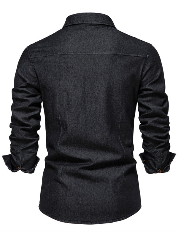 Denim non-iron shirt men's casual solid color non-iron men's long-sleeved shirt (Black)