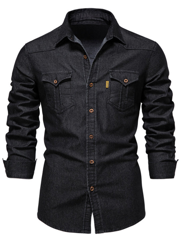 Denim non-iron shirt men's casual solid color non-iron men's long-sleeved shirt (Black)