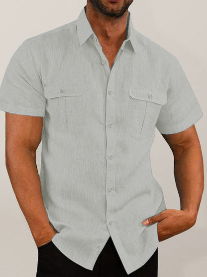 Men's Shirt Double Pocket Cotton Linen Short Sleeve Shirt Casual Vacation Shirt