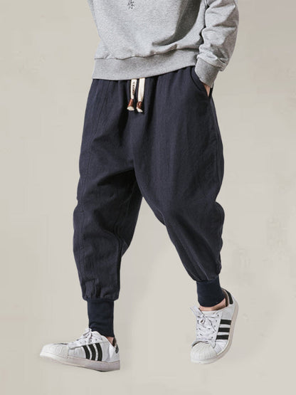 Linen Pants Men's Hip Hop Breathable Cotton Linen Trousers Solid Color Bloomers Casual Pants