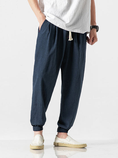 Men's woven cotton and linen casual harem trousers