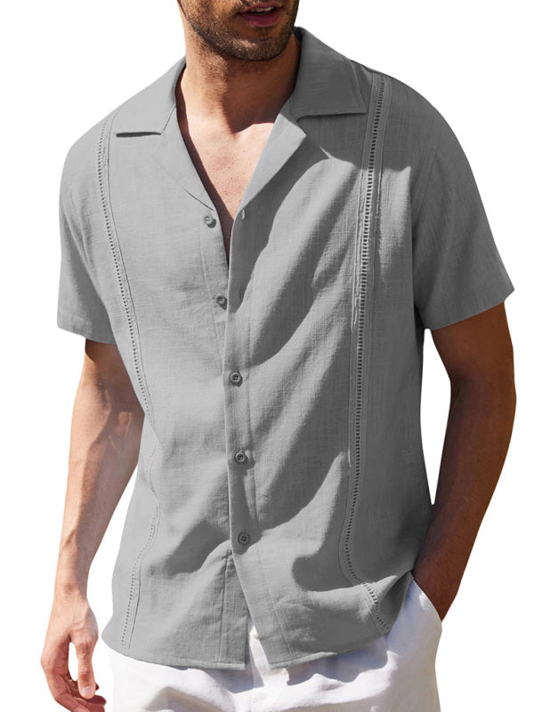 Men's Loose Casual Linen Shirt Cuban Guayabera Short Sleeve Beach Shirt