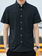 Casual Oxford short-sleeved shirt youthful fashion double pockets (Black)