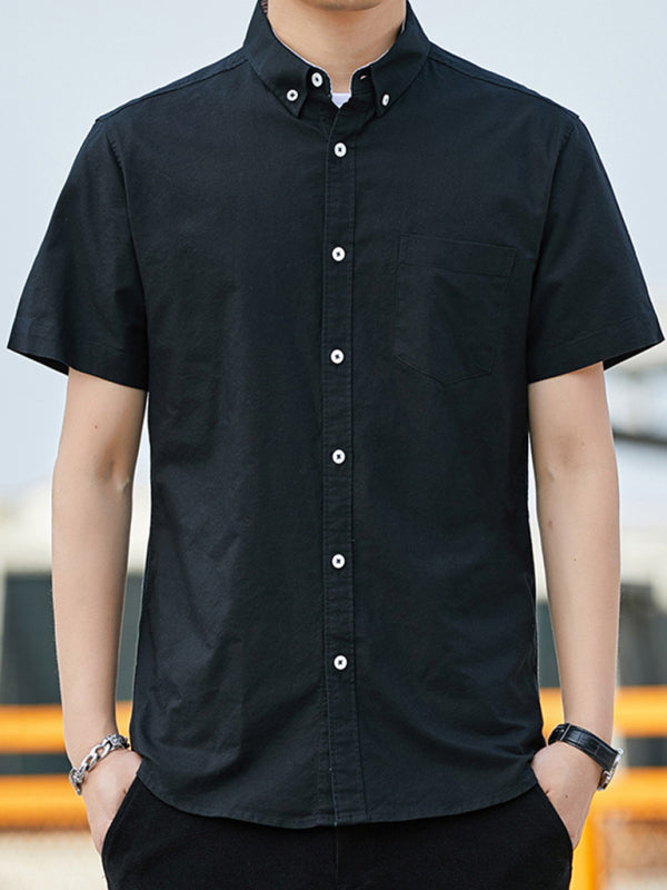 Casual Oxford short-sleeved shirt youthful fashion double pockets (Black)