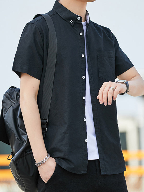 Casual Oxford short-sleeved shirt youthful fashion double pockets (Black)