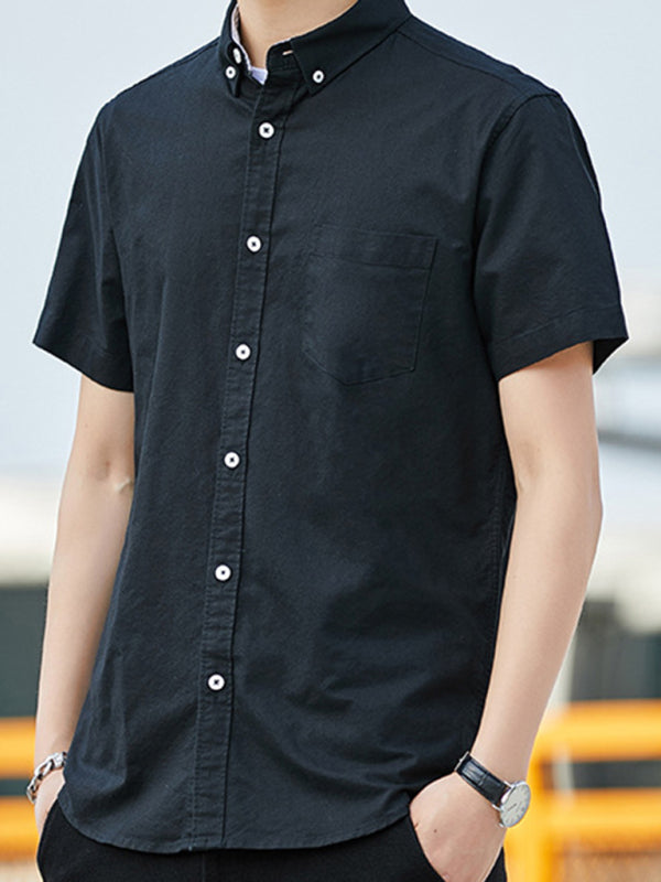 Casual Oxford short-sleeved shirt youthful fashion double pockets (Black)