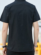 Casual Oxford short-sleeved shirt youthful fashion double pockets (Black)