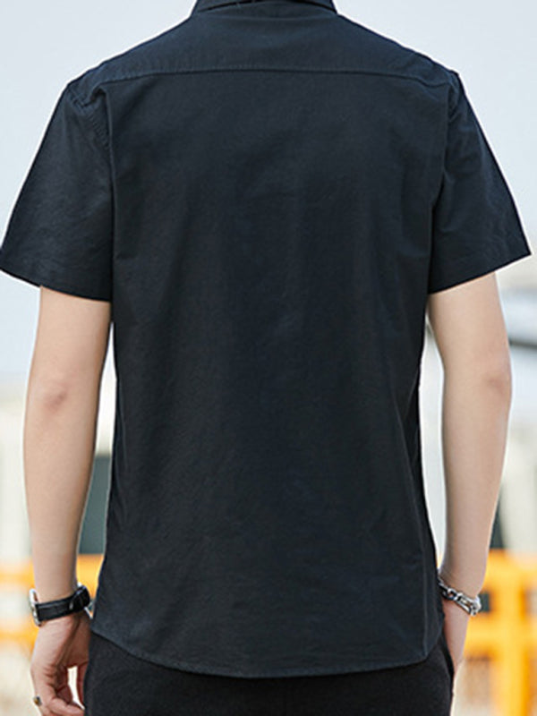 Casual Oxford short-sleeved shirt youthful fashion double pockets (Black)