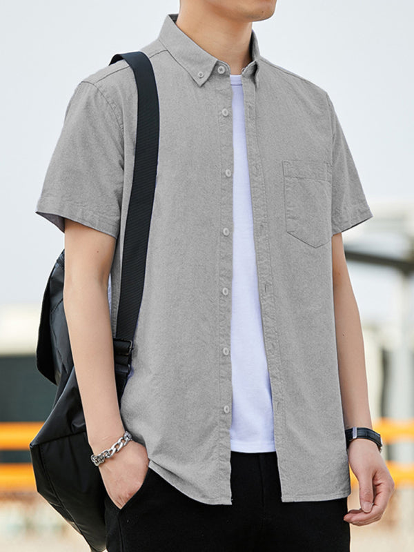 Casual Oxford short-sleeved shirt youthful fashion double pockets (Grey)