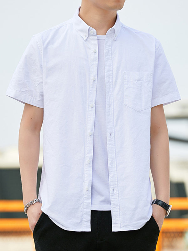 Casual Oxford short-sleeved shirt youthful fashion double pockets (White)