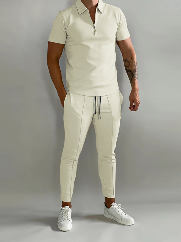 Men's solid color lapel short-sleeved POLO shirt + trousers two-piece suit (Champlain)
