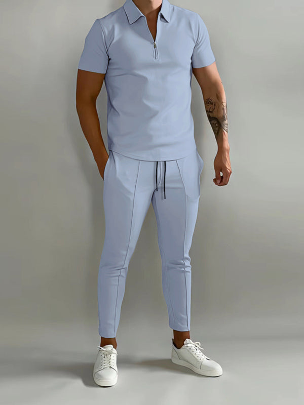 Men's solid color lapel short-sleeved POLO shirt + trousers two-piece suit (Champlain)