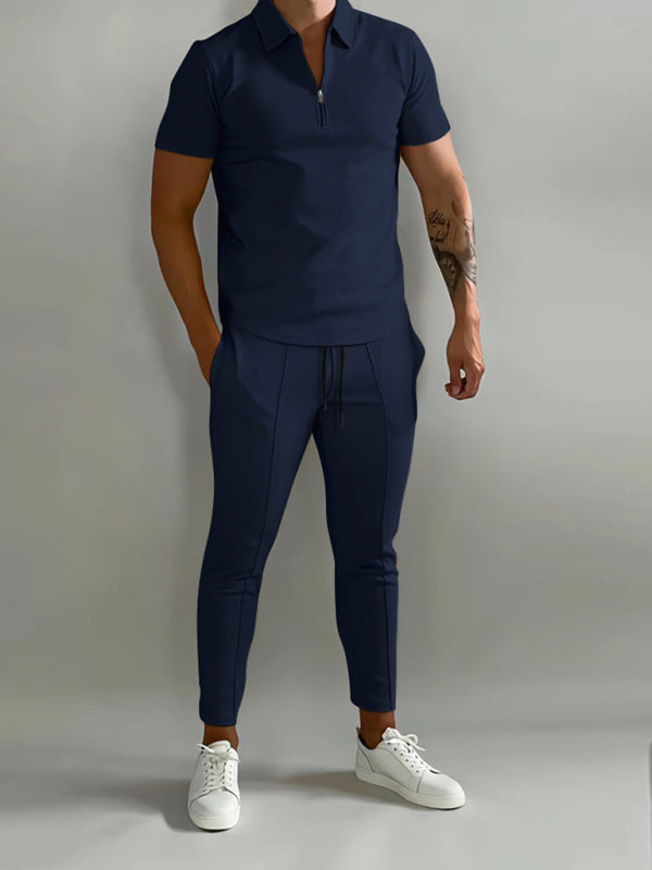 Men's solid color lapel short-sleeved POLO shirt + trousers two-piece suit (Champlain)