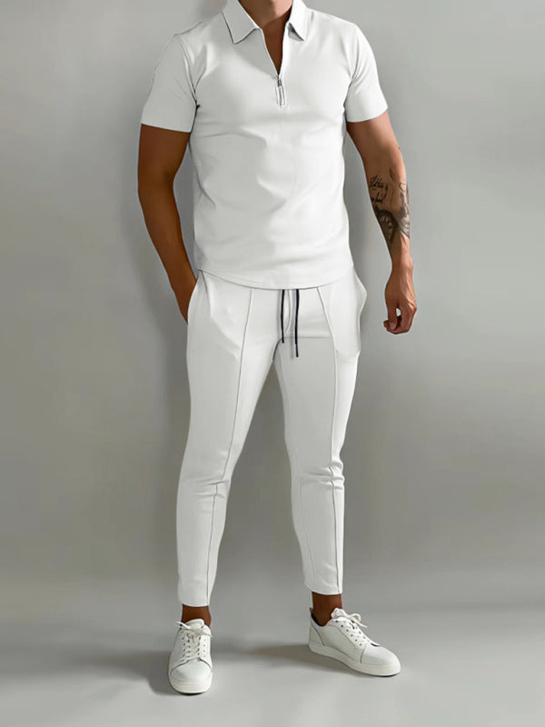 Men's solid color lapel short-sleeved POLO shirt + trousers two-piece suit (Champlain)