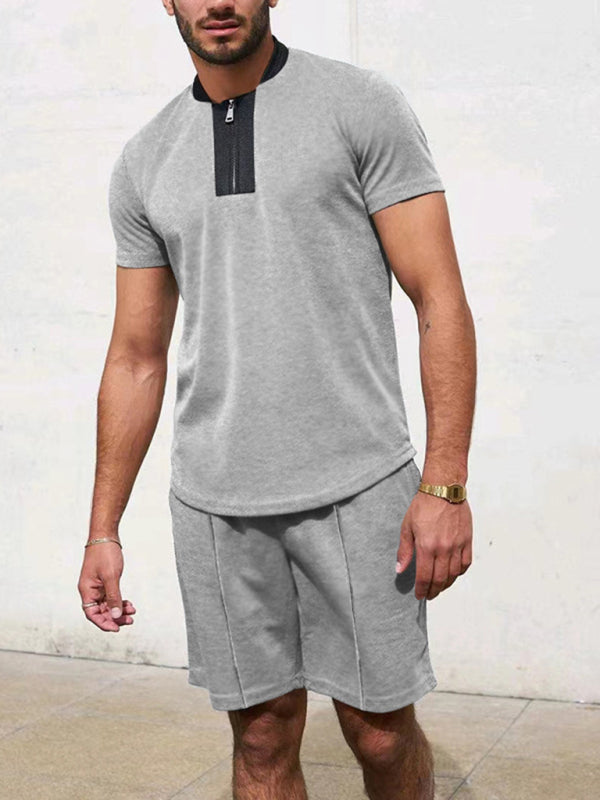Men's Contrasting Color Waffle V-Neck Zipper T-Shirt + Shorts Casual Suit
