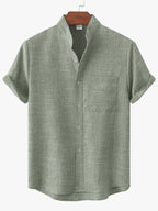 Spring and summer casual short-sleeved solid color cotton linen men's shirt