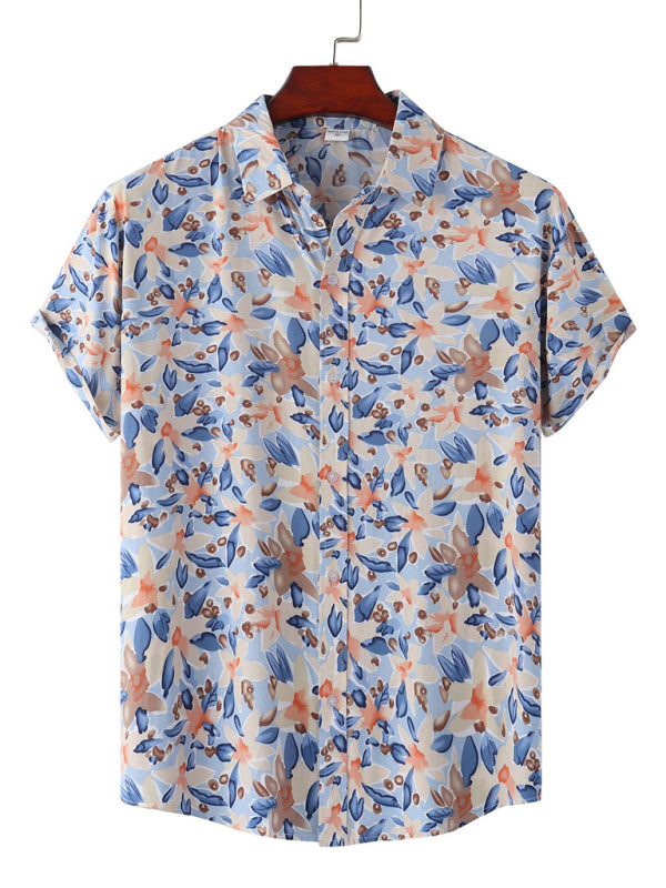 New Casual Beach Shirt Hawaiian Short Sleeve Floral Shirt (Blue)