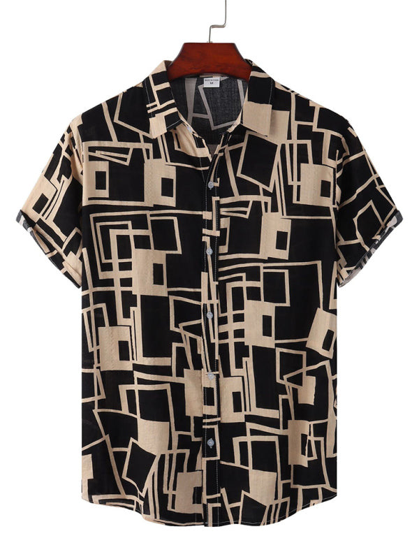 New Casual Beach Shirt Hawaiian Short Sleeve Floral Shirt (Color Block)