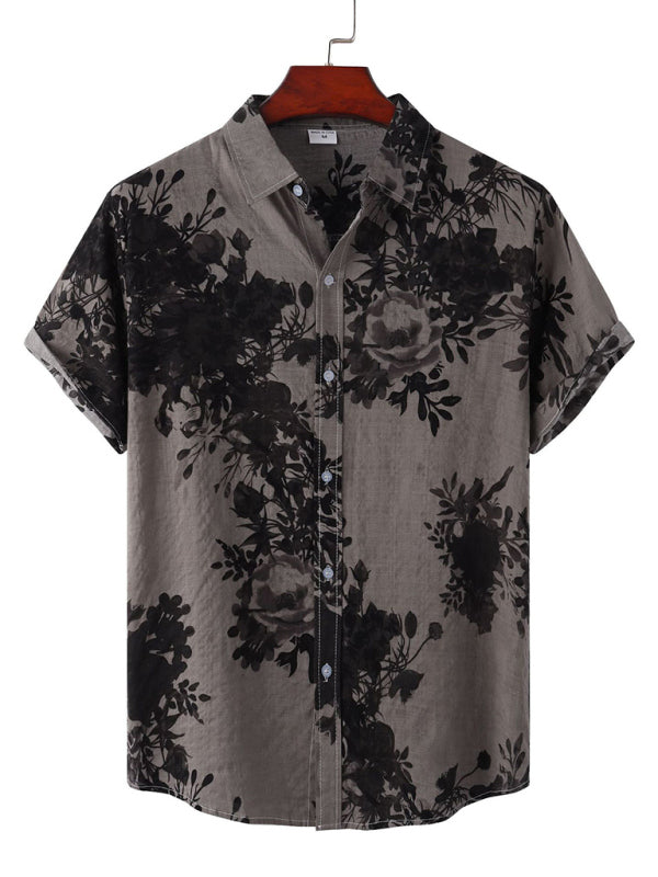 New Casual Beach Shirt Hawaiian Short Sleeve Floral Shirt (Charcoal Grey)