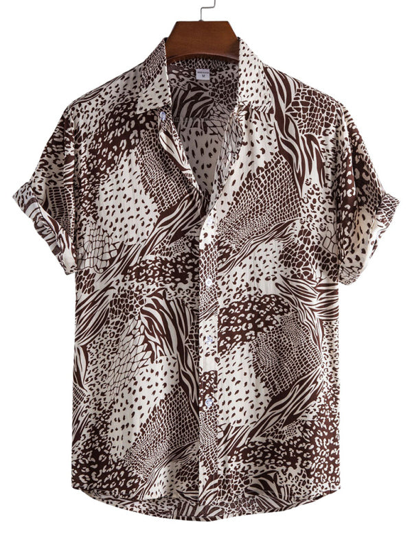 Vacation Floral Men's Casual Short Sleeve Floral Shirt (Coffee)