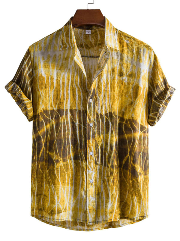 Vacation Floral Men's Casual Short Sleeve Floral Shirt (Yellow)