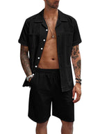 Simple Sports Short Sleeve Shorts Linen Loose Casual Men's Shirt Set (Black)