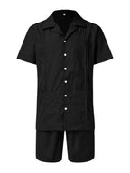 Simple Sports Short Sleeve Shorts Linen Loose Casual Men's Shirt Set (Black)