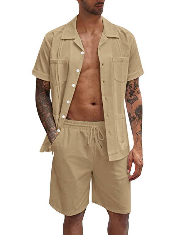 Simple Sports Short Sleeve Shorts Linen Loose Casual Men's Shirt Set (Khaki)