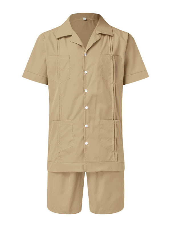 Simple Sports Short Sleeve Shorts Linen Loose Casual Men's Shirt Set (Khaki)