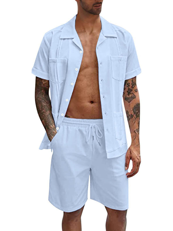 Simple Sports Short Sleeve Shorts Linen Loose Casual Men's Shirt Set (Clear Blue)