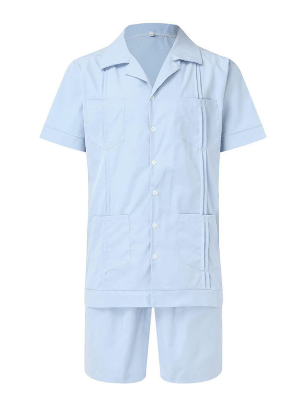 Simple Sports Short Sleeve Shorts Linen Loose Casual Men's Shirt Set (Clear Blue)