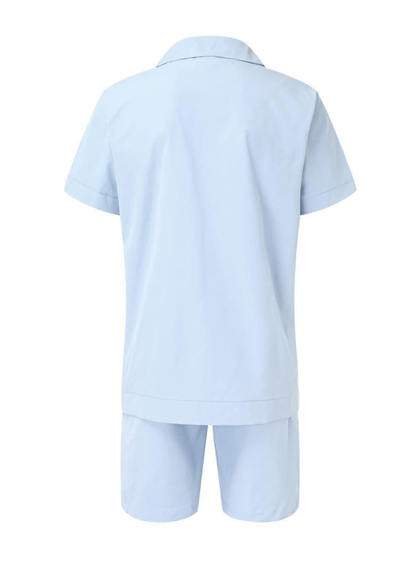 Simple Sports Short Sleeve Shorts Linen Loose Casual Men's Shirt Set (Clear Blue)