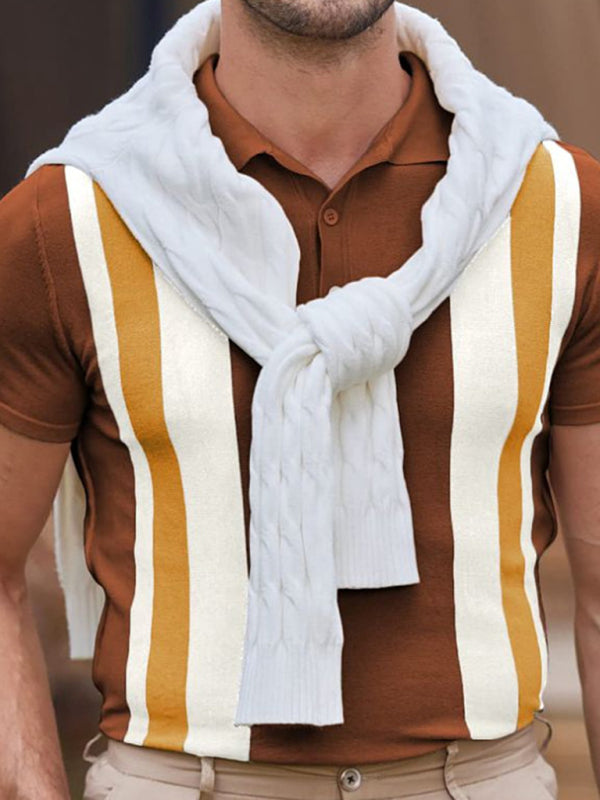 New striped jacquard sweater Short-sleeved business casual Polo shirt (Brown)