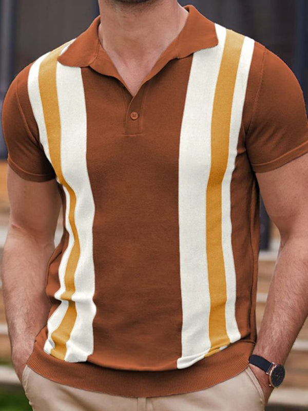 New striped jacquard sweater Short-sleeved business casual Polo shirt (Brown)