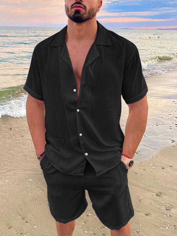 Men's Summer Lapel Cotton Linen Solid Color Short Sleeve Shorts Set (Black)