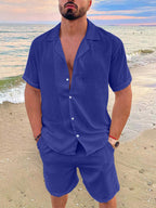 Men's Summer Lapel Cotton Linen Solid Color Short Sleeve Shorts Set (Black)