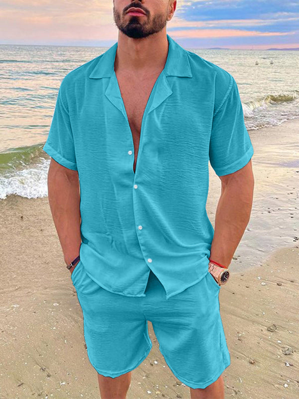 Men's Summer Lapel Cotton Linen Solid Color Short Sleeve Shorts Set (White)