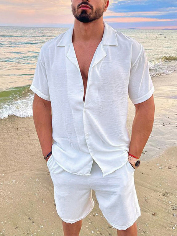 Men's Summer Lapel Cotton Linen Solid Color Short Sleeve Shorts Set (White)