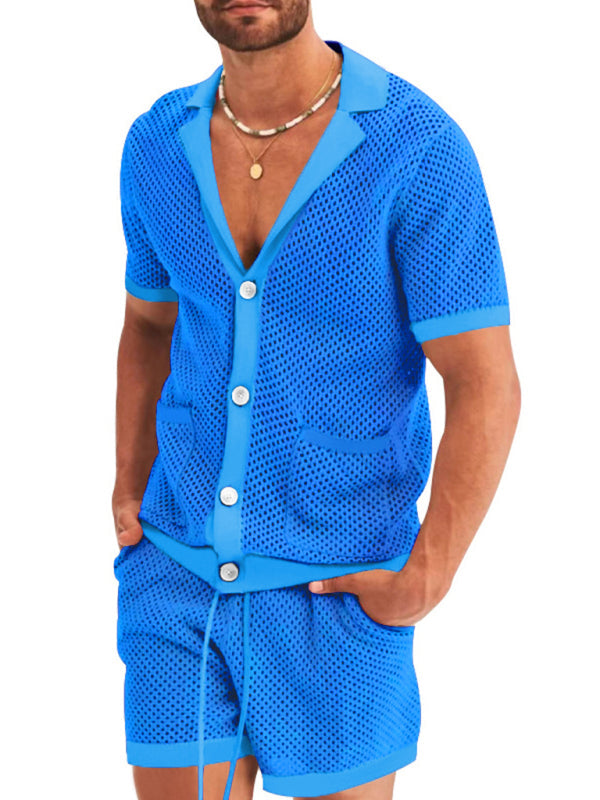 Short-sleeved shorts Knit lapel cardigan Short-sleeved men's suit (Royal Blue)